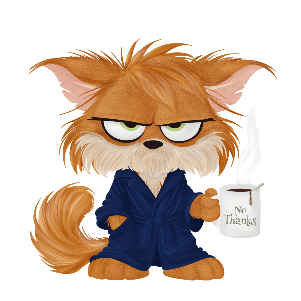 Illustration of a grumpy fox in bathrobe drinking coffee