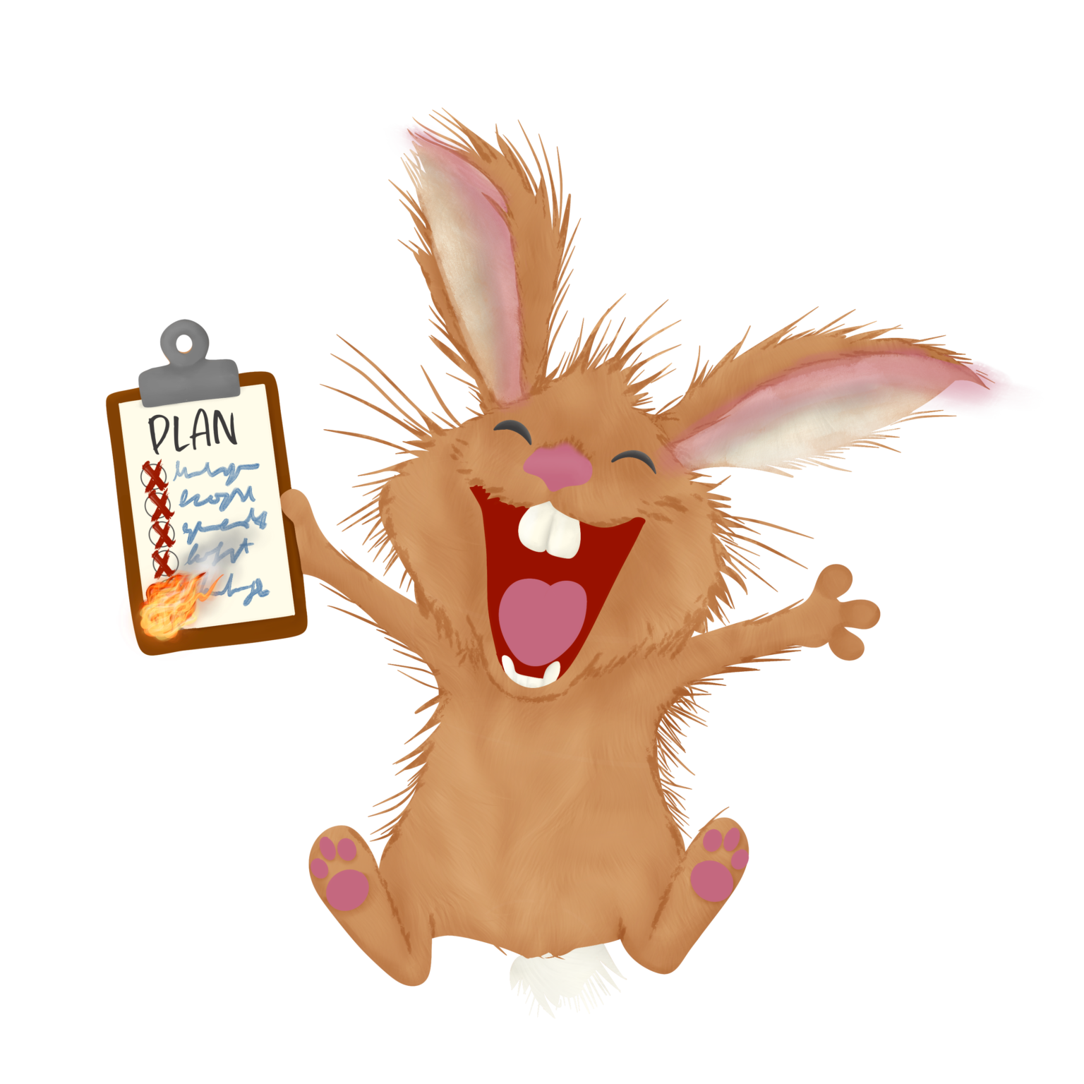 Illustration of happy rabbit leaping in air with checklist in flames