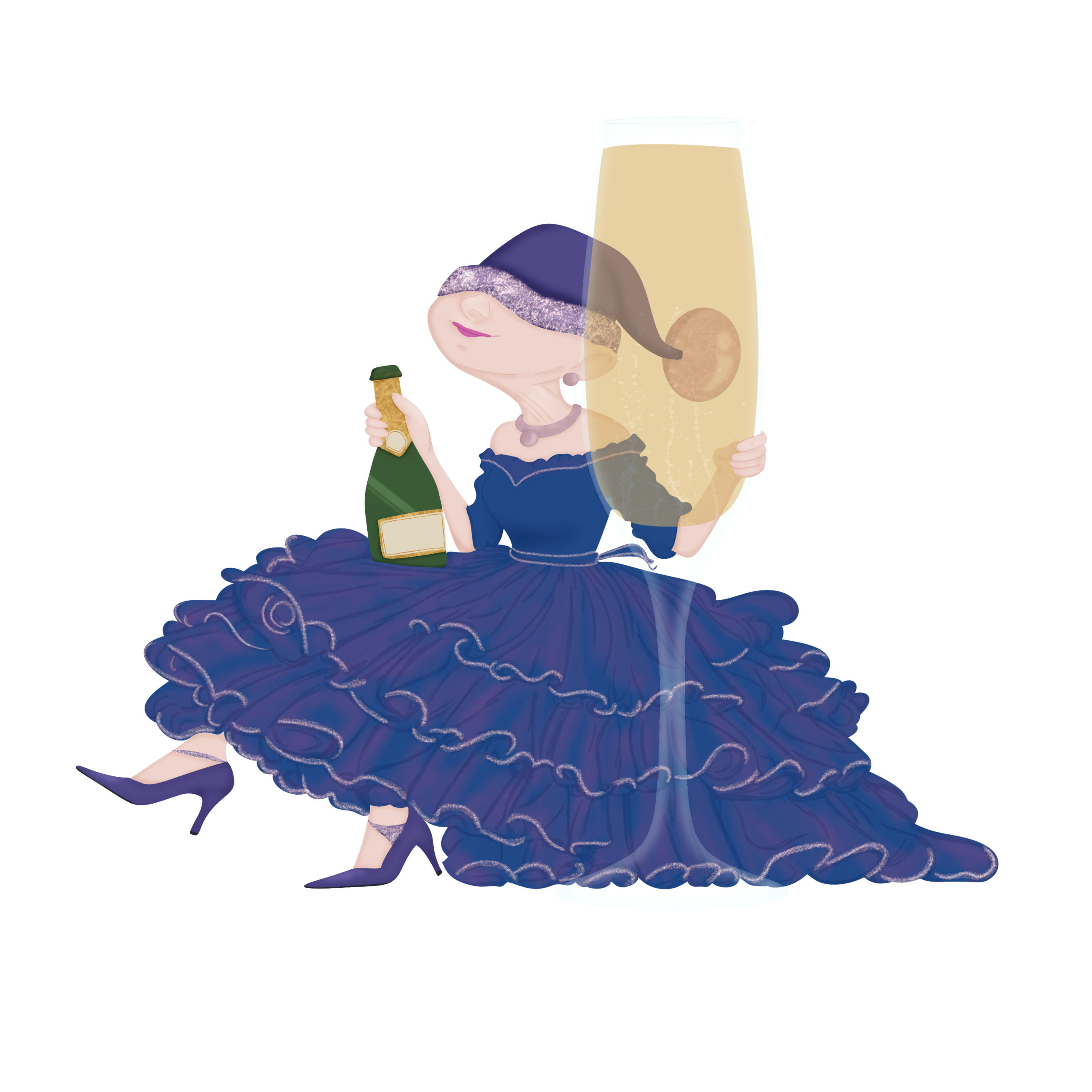 Illustration of elegantly dressed female gnome with oversized glass of sparkling wine
