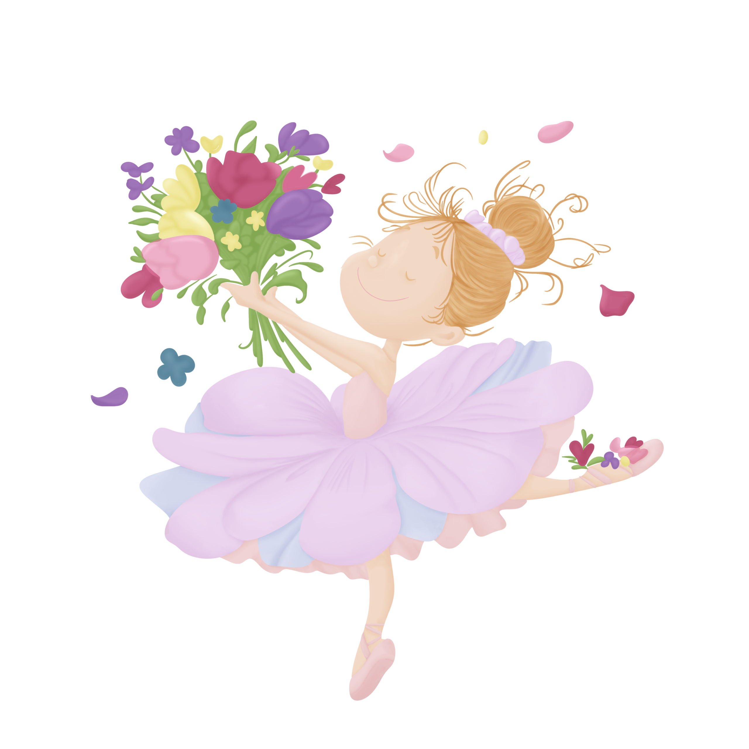 Illustration of young ballerina with bouquet of flowers
