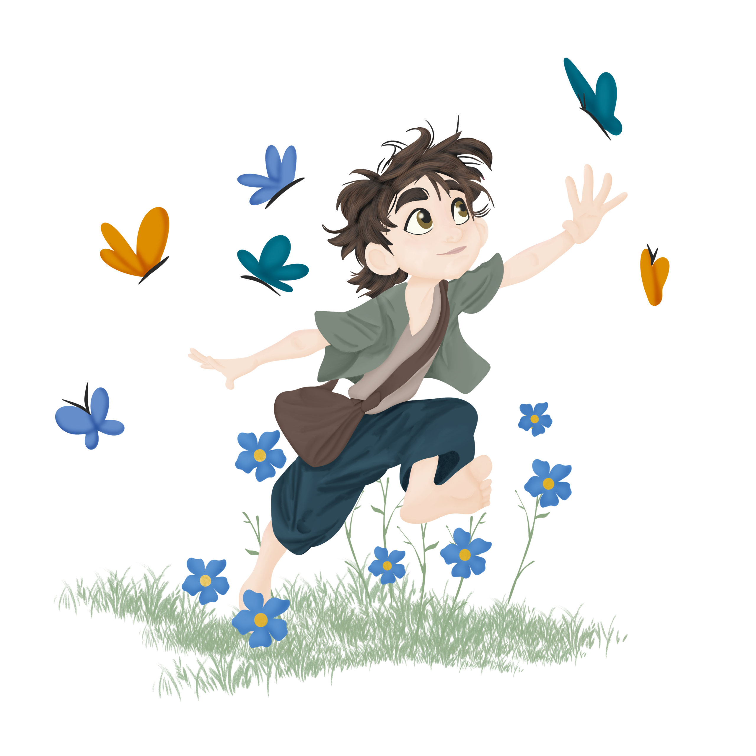 Illustration of young boy chasing butterflies in a field