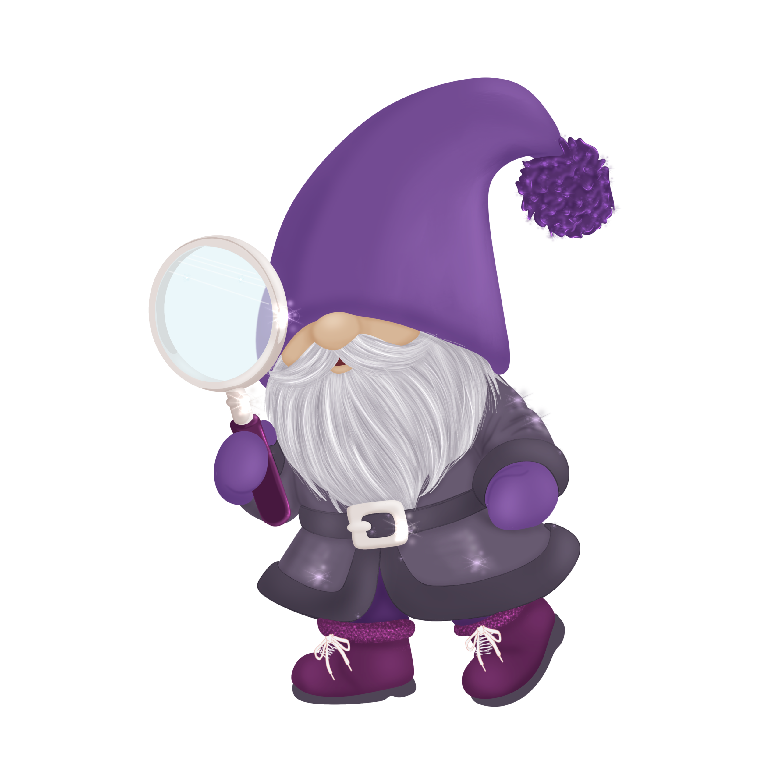 Illustration of gnome dressed in deep purple, using magnifying glass