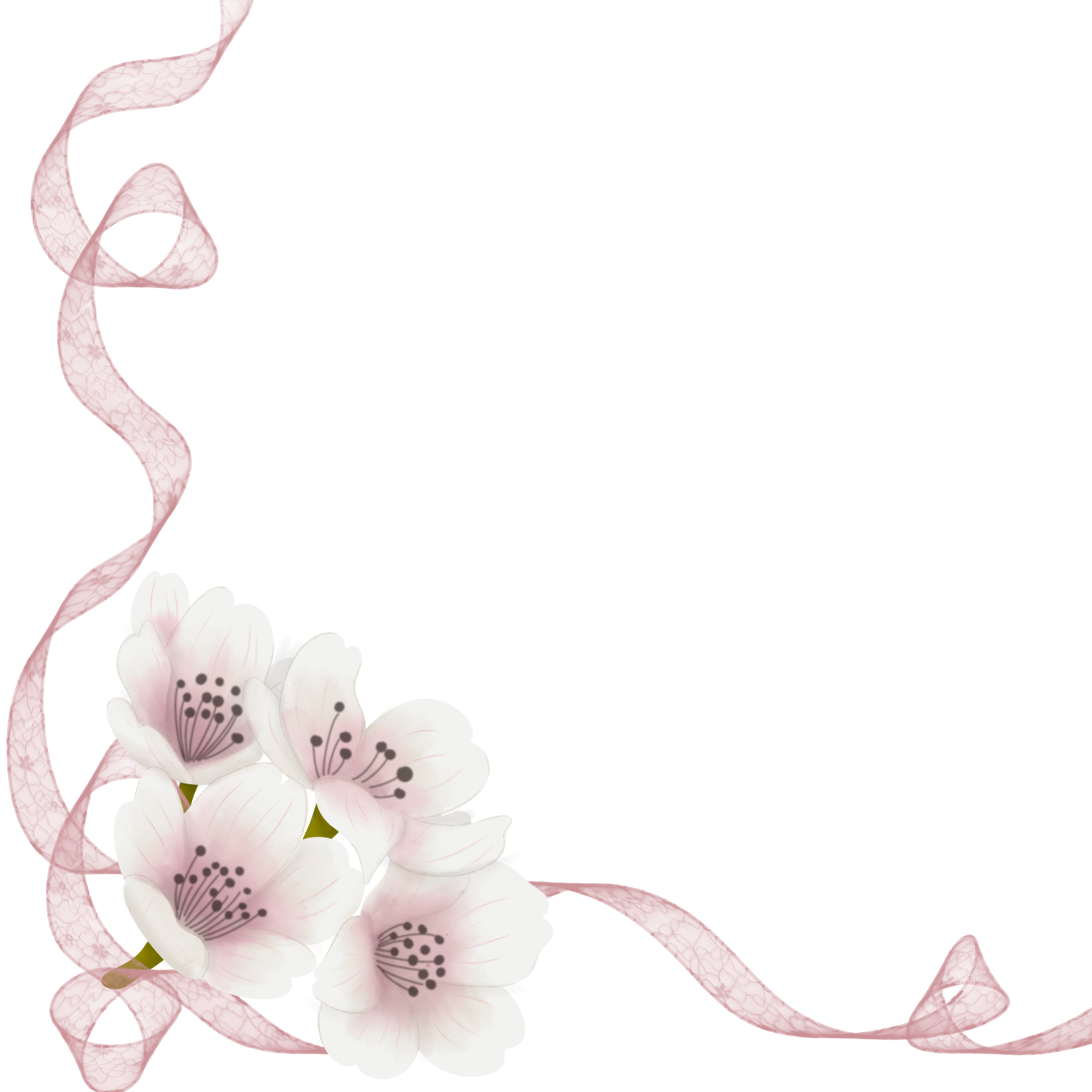 Illustration of blossoms with curling ribbon