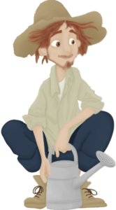Illustration of scruffy man with watering can