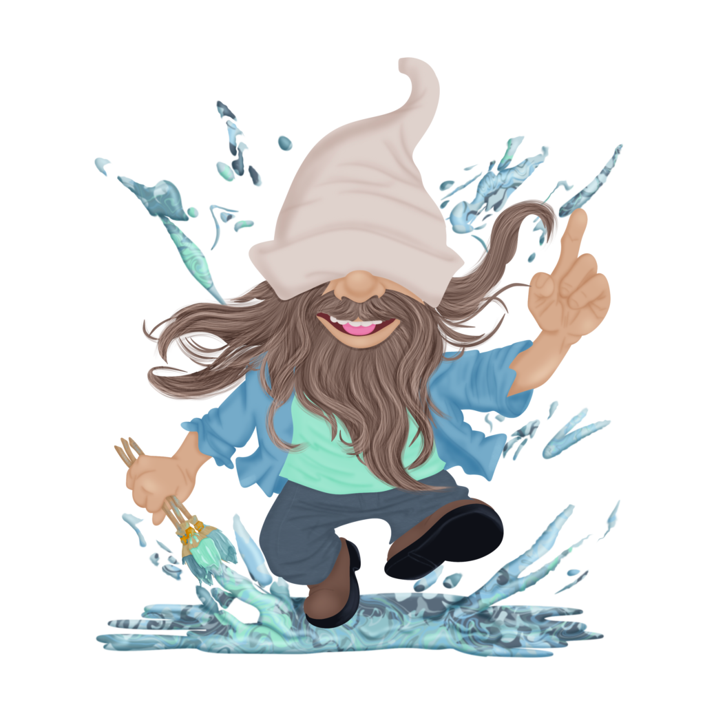 Illustration of painter gnome splashing through paint spilt on floor