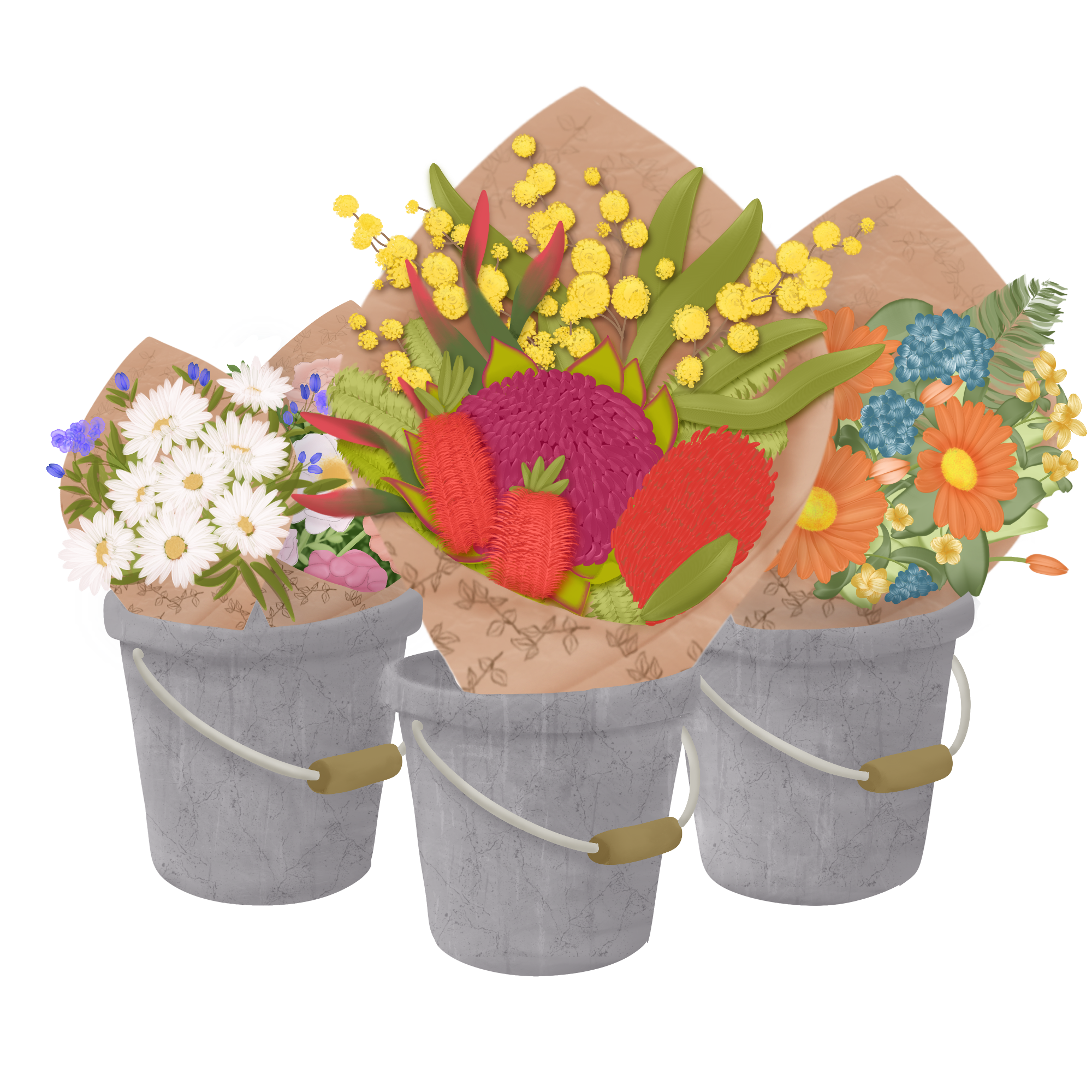 Illustration of bunches of flowers in buckets