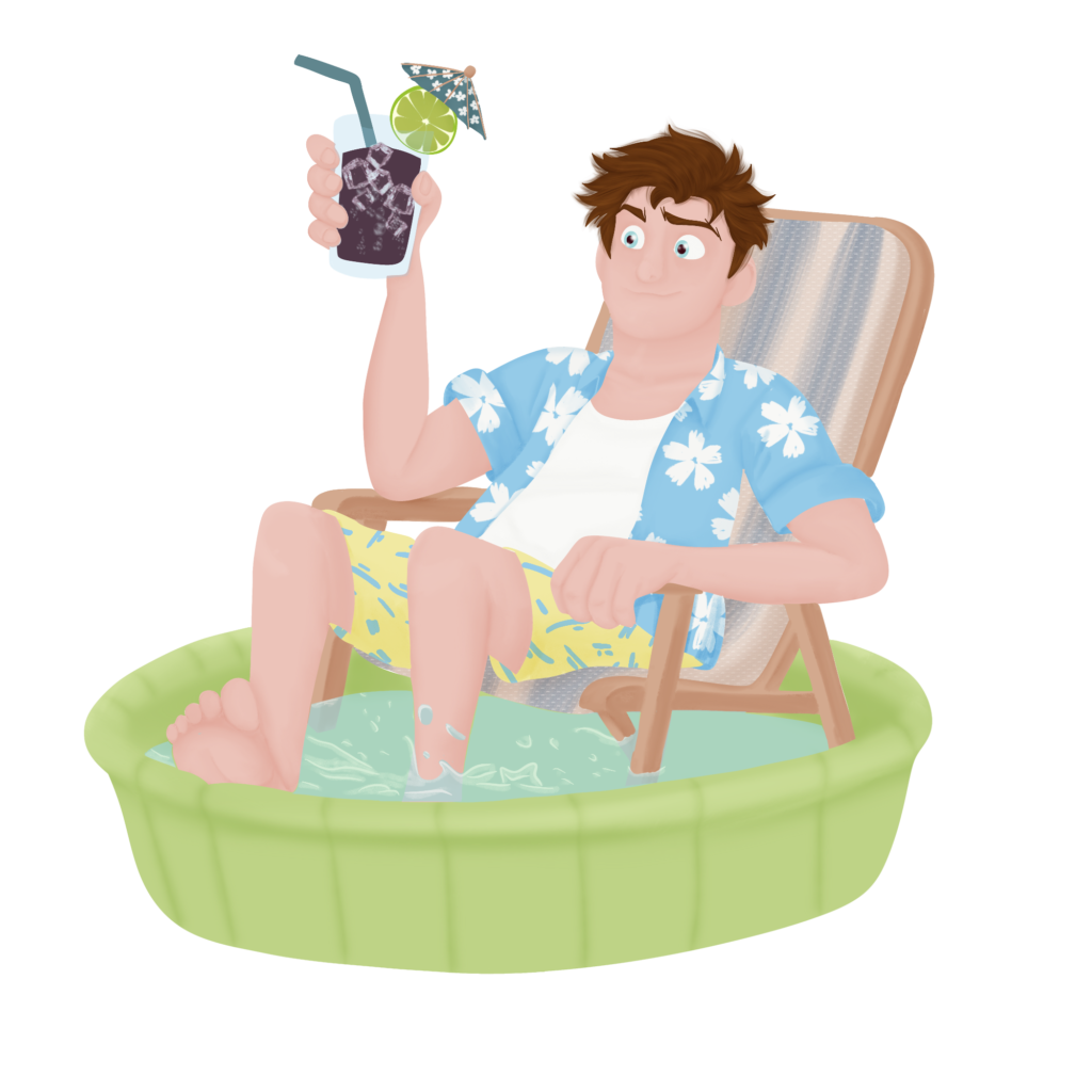 Illustration of man enjoying a drink while sitting on a deck chair in an inflatable pool.
