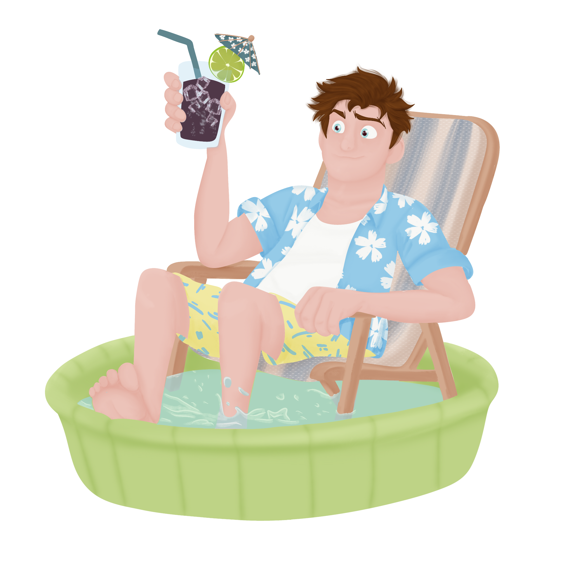 Illustration of man enjoying a drink while sitting on a deck chair in an inflatable pool.